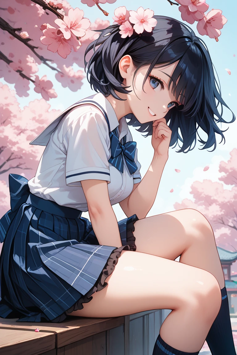 absurdres, RAW photo, extremely delicate and beautiful, masterpiece, Best Quality, ultra high resolution, 32k, hyperrealistic, ultra-detailed, perfect figure, in her 20s, very small head, very small face, delicate facial features, tearful mole, earring, huge breasts, legs, full body shot, medium hair, black hair, Colored inner hair, sweat, school_uniform,