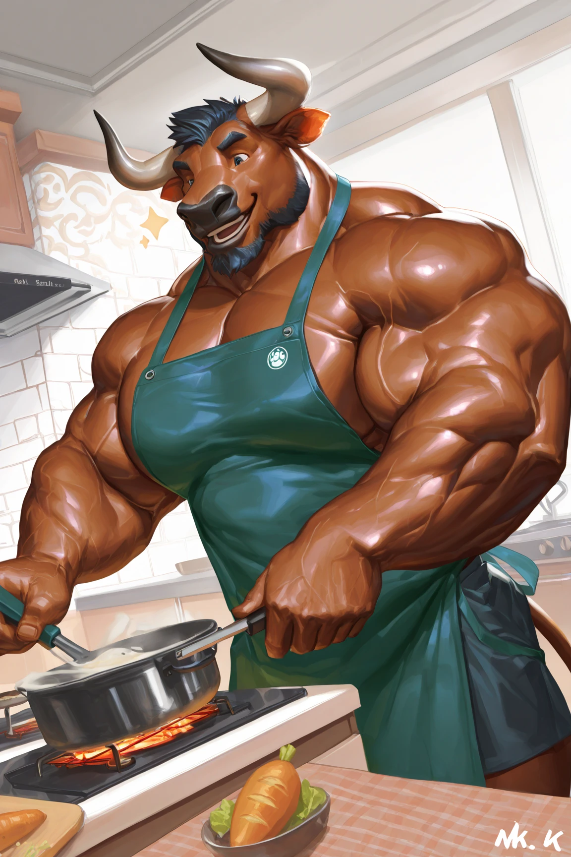Solo, anthro, male (((cow, brown hair, hair over eyes, muscular, huge muscles, broad shoulders, huge pecs, abs, pink nipples, brown fur, brown body, pink nose, pink inner ear, horns, thick horns, muscular arms, muscular thighs, tail, blue baseball cap, brown penis, huge penis, thick penis, huge balls, saggy balls, ball tuft))) standing, kitchen, flaccid penis, perfect anatomy, full body, by darkgem, by mystikfox61, by glitter trap boy