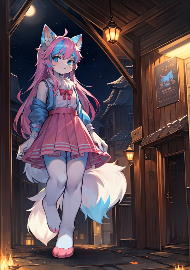 Enhance background details（0.7），hairy pubic，Furry little girl，Fluffy tail，blue color eyes，Emphasis on white fur，Delicate fur，Cute toddler，Short pink skirt，Young，Ultra-fine fur，Petite and cute emphasis，Detailed characters，A smile on his face（1.2），Pink meat pad，your legs，Enhance long-haired animals（1.2），the night，borgar（1.1）。
