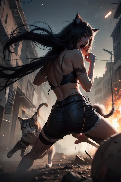 The shadow creature lashes out with its tail, aiming to sweep Ashara off her feet. Its movements are fast and unpredictable, filled with dark energy."
