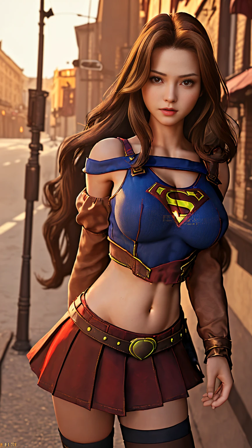 best quality, ultra-detailed, masterpiece, fine details, high res, 8k wallpaper, best quality, highres, cowboy shot, supergirl, super sexy, spaghetti strap top, dynamic action, flying, doing superhero stuff, superhero, beautiful girl, woman, solo, fly, sky, cloudy sky, (cute:1.3), realistic, (cute), (detailed face), detailed eyes, detailed iris, detailed skin, masterpiece, professional photoshoot, perfect face, spaghetti strap top
