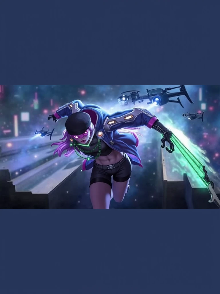 (Masterpiece), Best Quality, Ultra High Resolution, Little Girl, Cyberpunk 1girl Flying over Stunning Cityscape, Hoodie, Blue Hair, Neon Shooting Star, Very Long Hair, Off-the-Shoulders, Feather Hair Ornaments, Neon Color, Glitter, Stunning Night Sky, Cinematic Lighting, Realistic, Realistic Skins, HDR, Fisheye