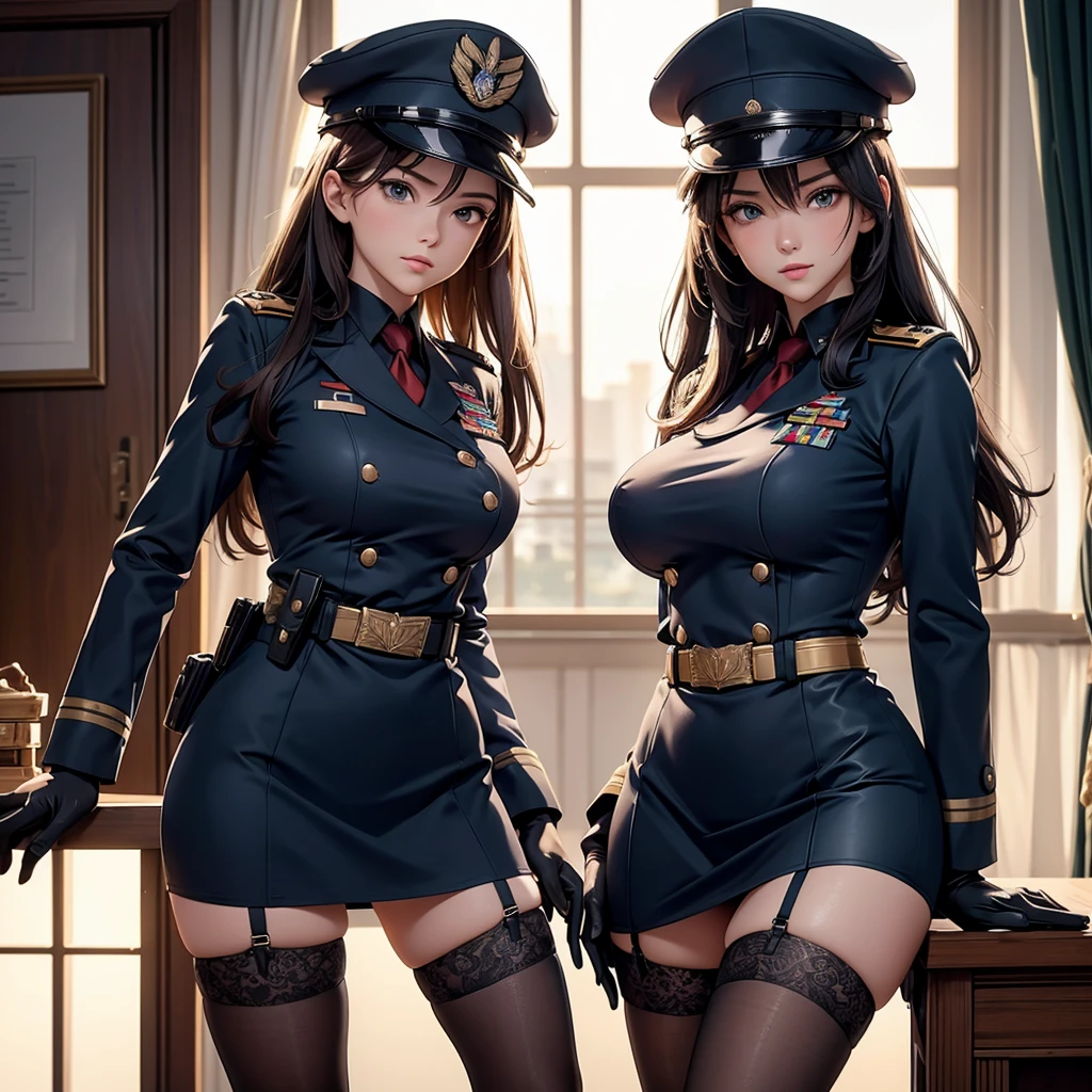 1 girl, military, aristocrat officer, beautiful, slender, sexy, makeup, long hair, huge breasts, officer's military uniform, tunic, shirt, skirt, stockings, neckline,