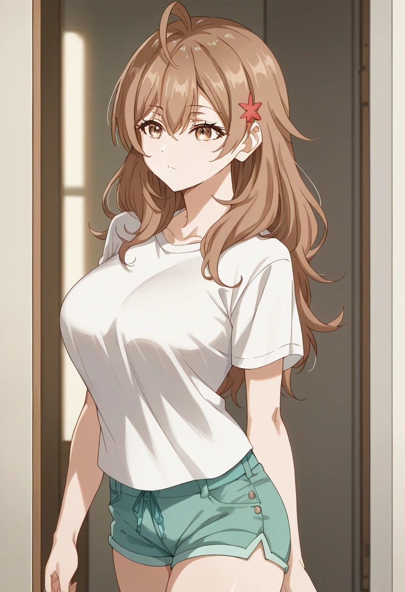 (masterpiece, best quality, high quality, highres, ultra-detailed), <lora:yui_tamashii_insert-10:1> Takahashi Yui, 1girl, solo, long hair, looking at viewer, blush, smile, brown hair, bare shoulders, brown eyes, medium breasts, closed mouth, collarbone, yellow eyes, off shoulder, sweater, curtains, off-shoulder sweater, yellow panties, striped panties, striped, from below,