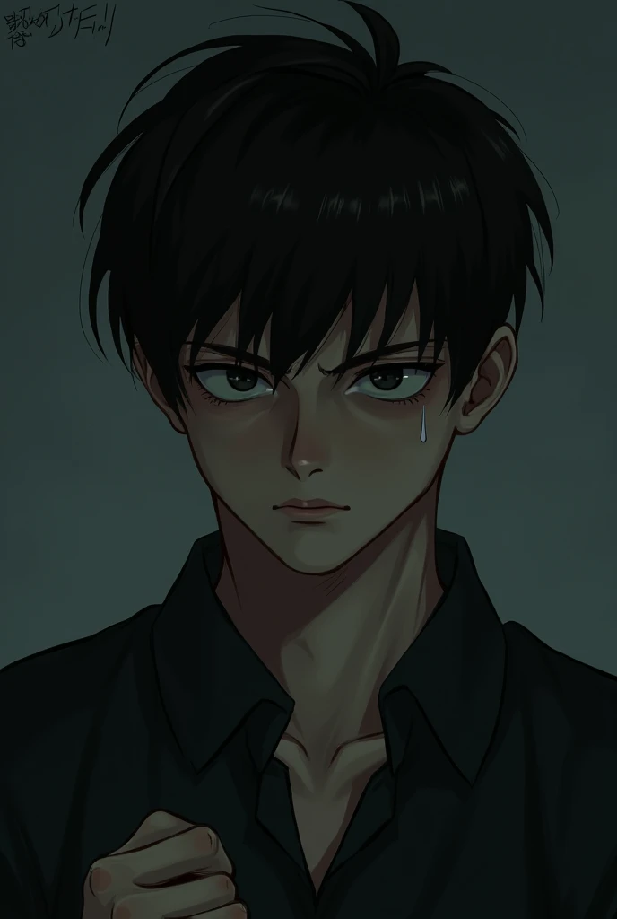This photo shows a young man in a white shirt.. He has black hair, neatly styled, with a few strands of hair loose in the front. His face had a pensive expression., gently and a little thoughtfully as he placed a hand on his forehead, eyes slightly closed, create a sense of peace and relaxation.

In front of him was a bottle of wine., The bottle cap is dark blue.. The background of the photo is black., clearly highlight the face and details of the character. The overall tone of the photo gives a romantic feel., The stillness, a bit sad.