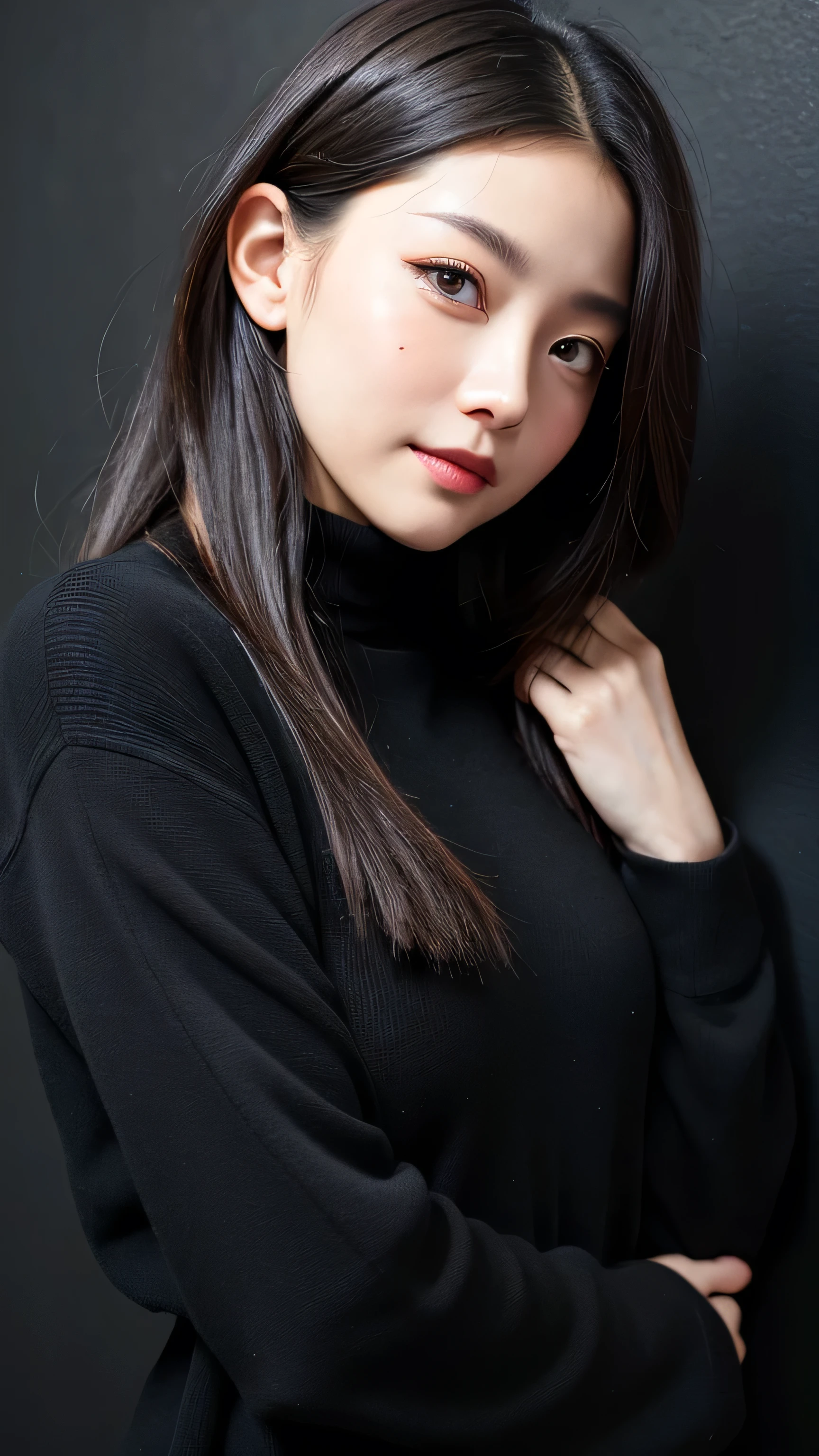 (((face close-up)))、(((She's posing like a hair salon model, Indoor black wall background.)))、((( casual black winter long sleeve )))、Half Japanese, Half Korean、18 year old girl、Alone 、fun、Light eye makeup、 Hair、Flat 、hair fluttering like、Quality of actress、shiny, Ultra Realistic Faces、 smiling face、Bloodshot eyes、looks up、 light on face 、 Ultra realistic capture、very well detailed、 high resolution 16K close-up of human skin 。Skin texture must be natural、Every detail needs to be clearly visible、The skin is healthy、Even Tone、 use natural light and color 、Worn out, High quality photo taken by a model agency'In-house photographer.、smile、((( SIGMA 300 mm F /1.4,1/ 1000 second shutter ,ISO 400)))