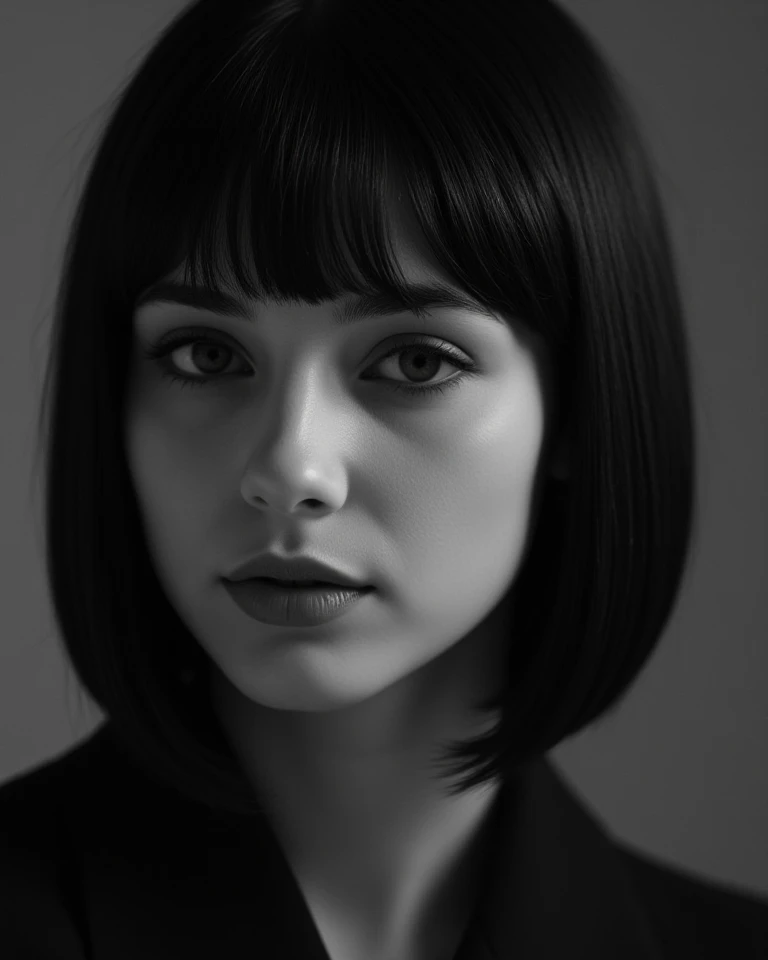 Beautiful girl, close up portrait, photography, symmetrical face, symmetrical eyes, looking at the camera, Nikon, black and white, highly detailed, soft focus, smooth detail, natural lighting, intricate