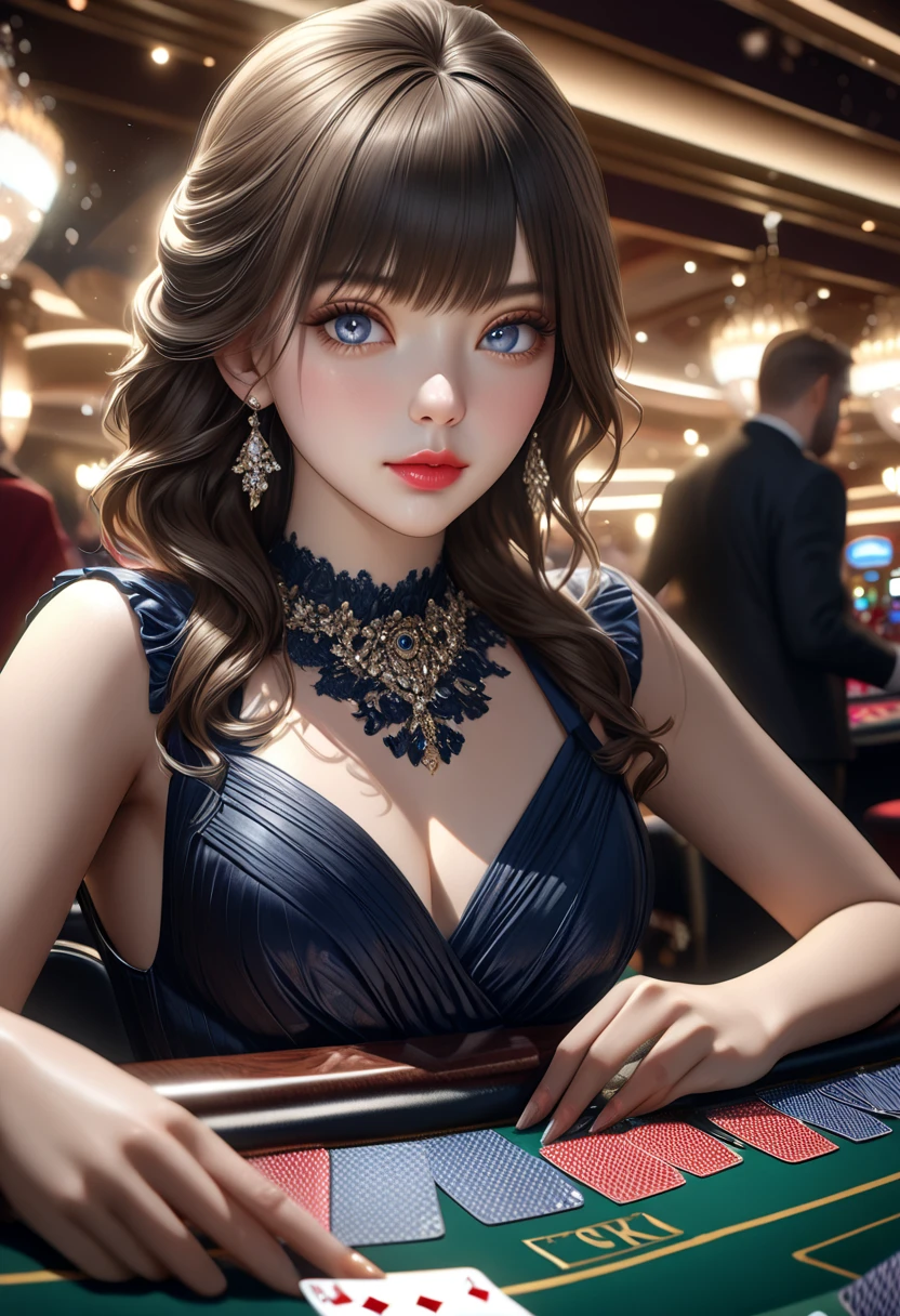 realistic, card game, beautiful woman, casino card player, large stakes and bets, crowd watching the game and cheering for the woman, 1girl, detailed face, beautiful eyes, long eyelashes, detailed lips, elegant dress, casino interior, poker cards, texas holdem, poker chips, chandelier lighting, ornate decor, dramatic lighting, vivid colors, cinematic composition, photorealistic, 8k, high quality, masterpiece