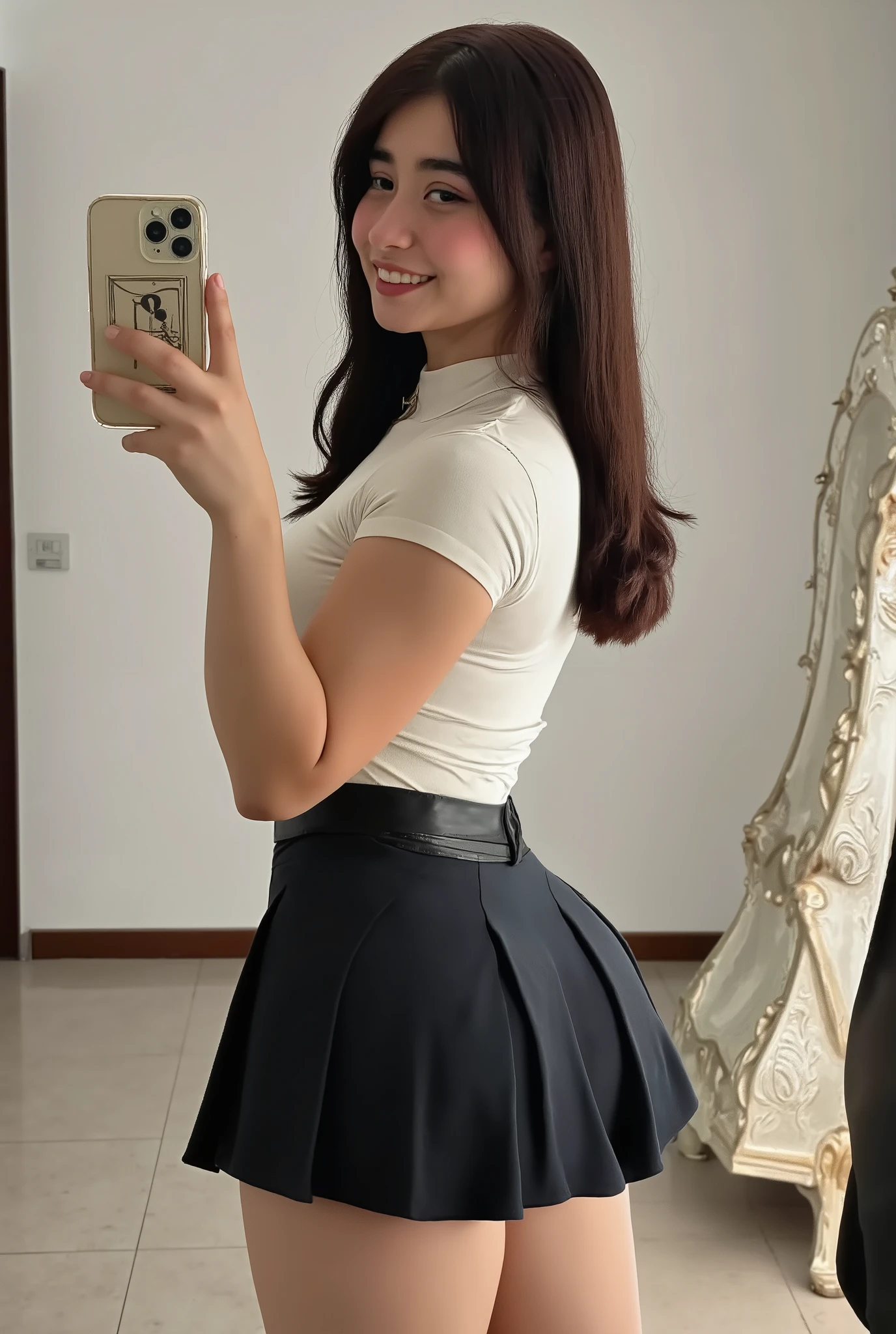  Selfie butt mirror, A pretty young woman dressed in a sexy transparent dress, behind, holding a phone, Vibrant smile 