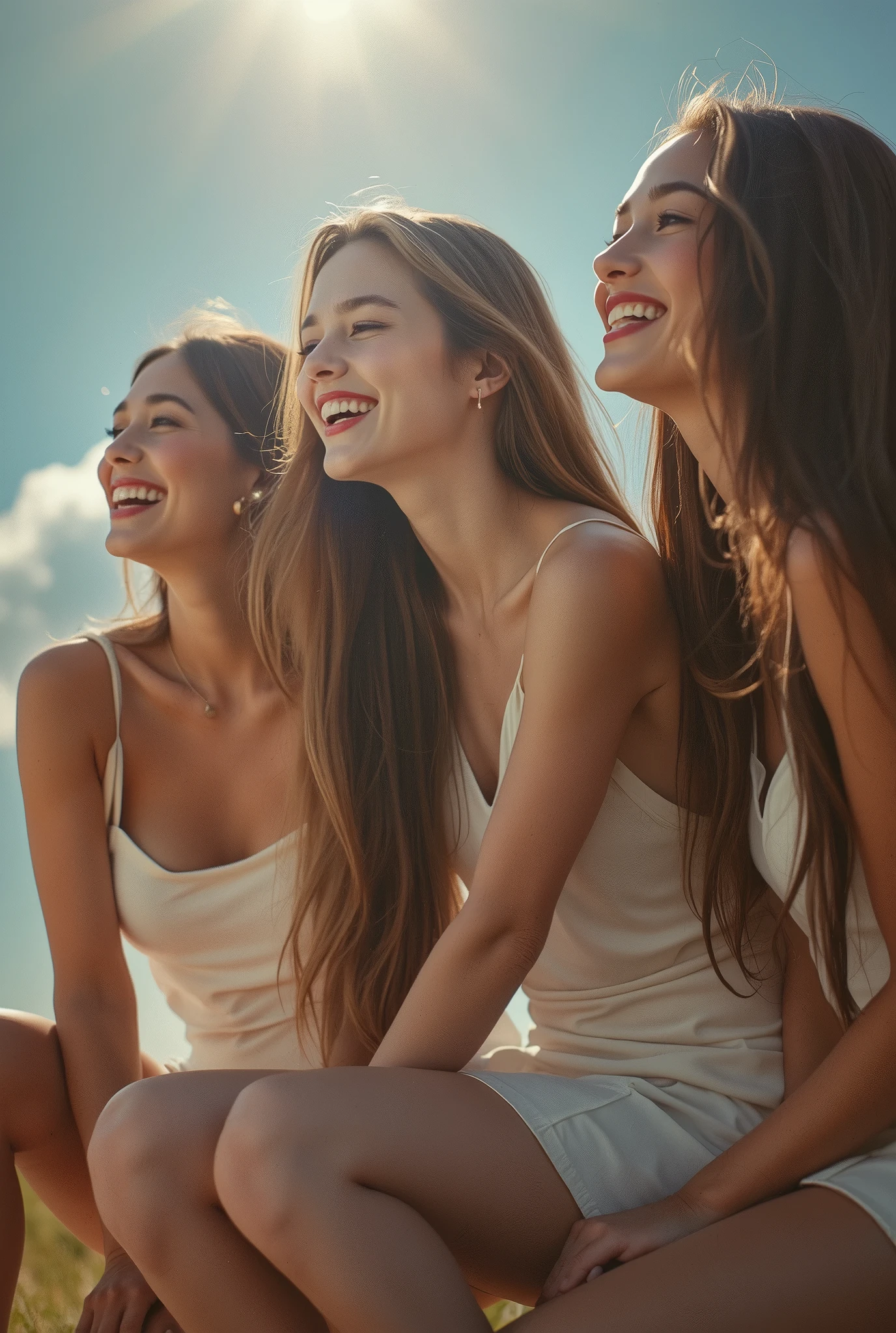 Women Posing for Photos, laughs, happy, long hair, straight hair , VERY DEFINED SKIN, orbital space, Hot summer day, Natural lighting, detailed face:1.2, sharp concentration, Hasselblad pictures, masterpiece, light makeup, cinematic lighting for legs bent at the knee, 4K, Best Quality