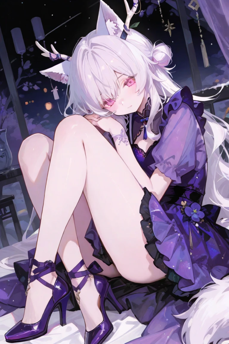 Eyes detailed，Full body photo,one-girl,meet,bare-legged，Barefoot，the watercolor style，Cat style,Public area display,sliver long hair,lightblue hair,Light pink hairstyle，Cat ears，a pink eyes，Lolita prostitute，meia blanca，Pink bow,mouth open smile,ligation bracelet,Superior image quality,Best quality at best