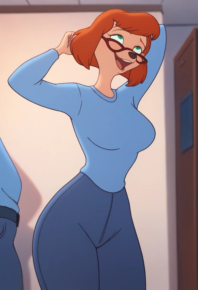 A sexy girl with a big breast, short brown hair, short circular hair, her black eye, wears a light blue top, shows a navel, a ribbon, a curved black scarf, and tight black pants with a big thigh.