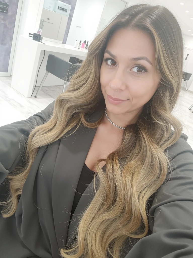 A 23-year-old blonde woman, ((pechos grandes)), ((hiperrealismo)) ,. blonde hair with light brown roots. cabello rubio, Hair with brown roots, cabello extra largo, cabello muy largo, really long hair, Beautiful, Front view, selfie, photo taken with iPhone, elegant black shirt with escote, escotada, selfie in the garden, high quality, selfie iPhone, cleavage in cannabis indoor grow room