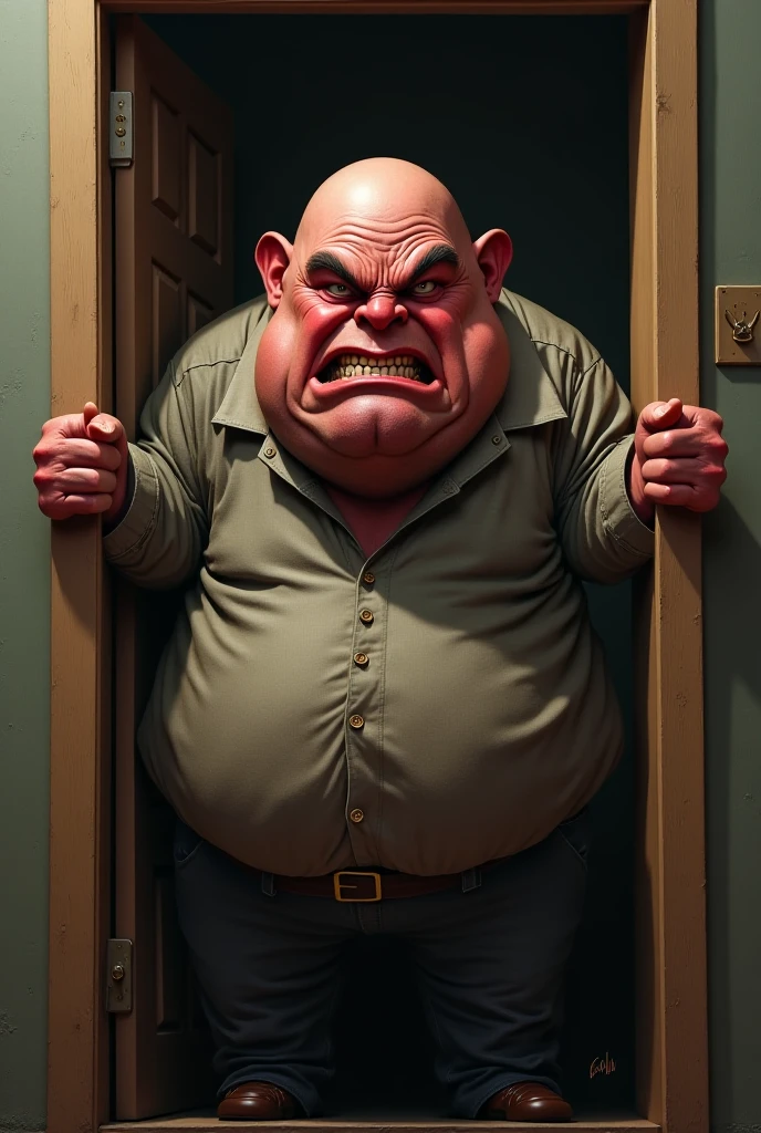 Fat character half bald droopy eyes evil face anime style