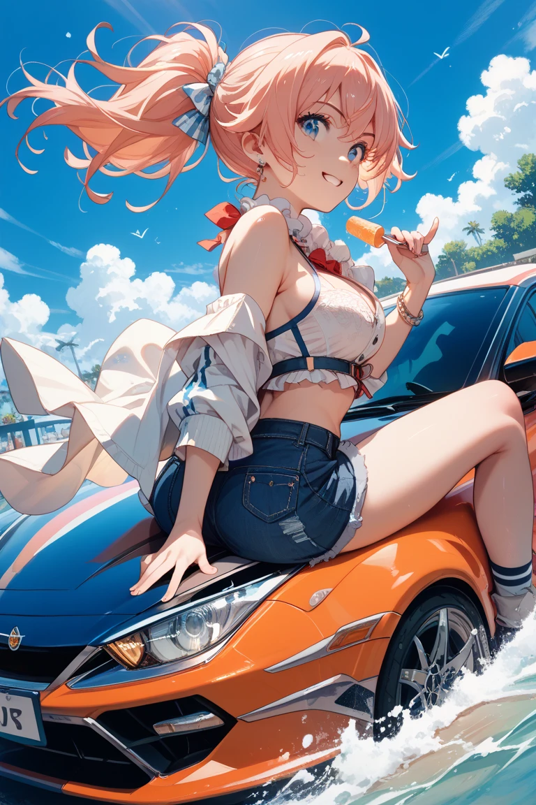 Octane Render、(Hyper-detailing: 1.15)、(Soft light、sharp: 1.2)、morning、Little girl posing in front of EV in parking lot near beach, bustup、Accessories for shoes、（ hair adornments、耳Nipple Ring、Floral hair ornament、butterfly hair ornament）、 Fuji Film, F/4.0, masutepiece, Anatomically correct、A smile, radiant light