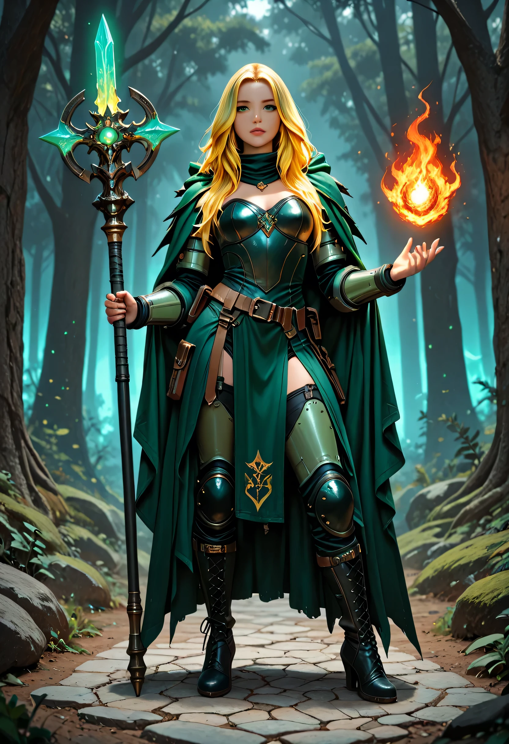 woman druid, cleric of nature, armed with a fiery staff, female full body picture of solo  intense details facial details, exquisite beauty, cleric of nature female, ((yellow hair: 1.5)), long hair,  (green eyes: 1.3), armed with a fiery staff, red fire, wearing (druid combat vestments: 1.5), wearing high heeled laced boots, wearing an (green cloak:1.3), wearing glowing holy symbol, manipulating fiery runes, fiery energy fantasy art, dnd art, RPG art, wide shot, (masterpiece: 1.4) intense details, highly detailed, photorealistic, best quality, highres, within fantasy temple of nature background, reflection light, high details, best quality, 16k, [ultra detailed], masterpiece, best quality, (extremely detailed), close up, ultra wide shot, photorealistic, RAW, fantasy art, dnd art, fantasy art, realistic art,((best quality)), ((masterpiece)), (detailed), perfect face, LOAsuccXL, strapless, lace up stilettos, fantasy, Cinematic Shot, dvr-hgh-fnt, d4f4b