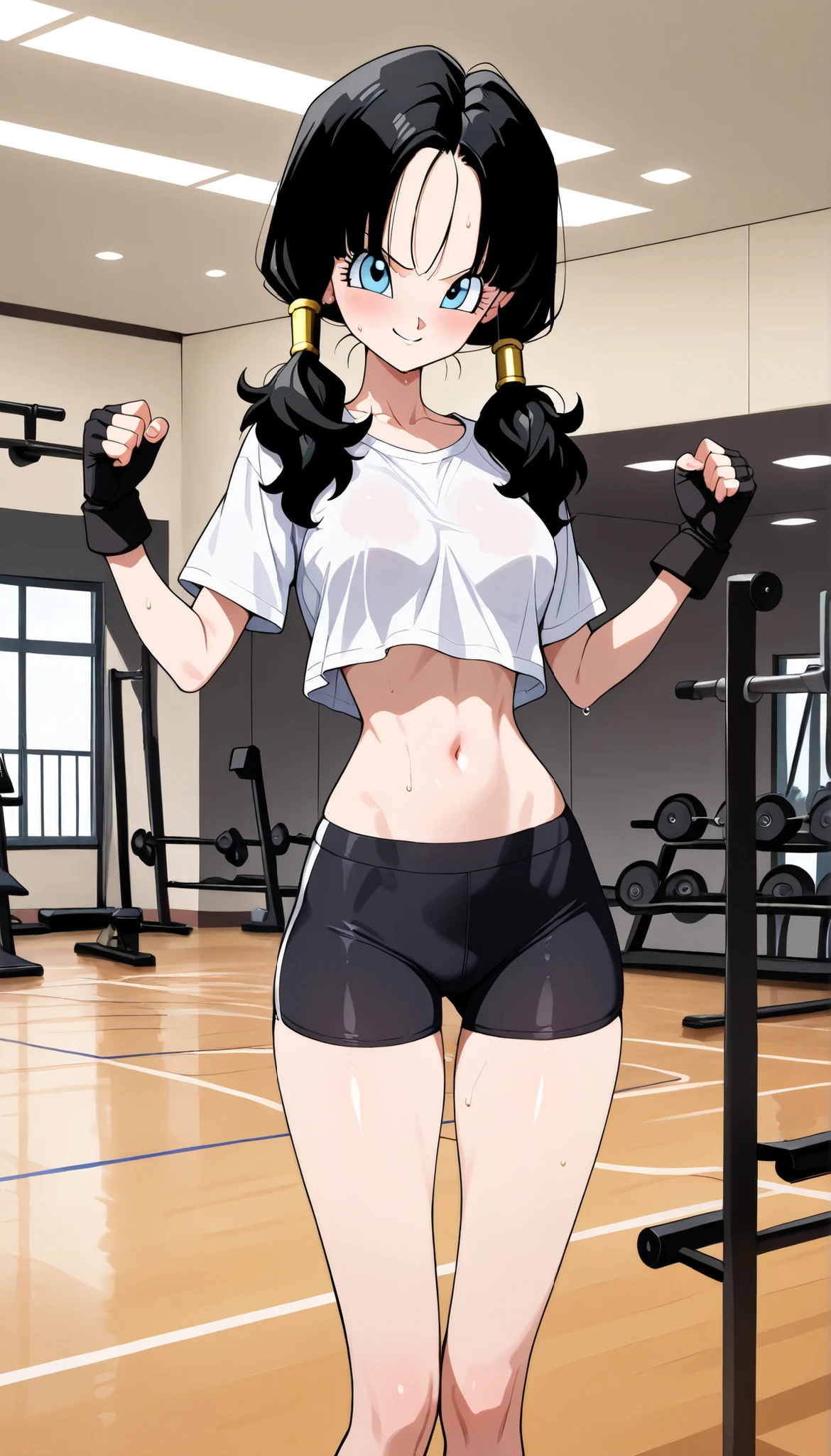 (solo), (a detailed full body RAW photo of a girl), (masterpiece:1.0), (best quality:1.4), (ultra highres:1.2), (photorealistic:1.4), 8k resolution, Canon EOS R5, 50mm, absurdres, ultra detailed, (18yo), sharp focus, cinematic lighting, detailed beautiful face, (makeup:1.2), (ulzzang-6500-v1.1), petite figure, detailed skin texture, pale skin, flat chest, (skinny and fit body:1.3), thigh gap, detailed brown hair, (very messy hair:1.5), (Avril Lavigne:0.7), smiling, (sports bra, sports leggings:1.4), realistic glistening skin, (bedroom:1), (cameltoe:1.3), (sweating:1.45), slim waist, seductive smile, solo