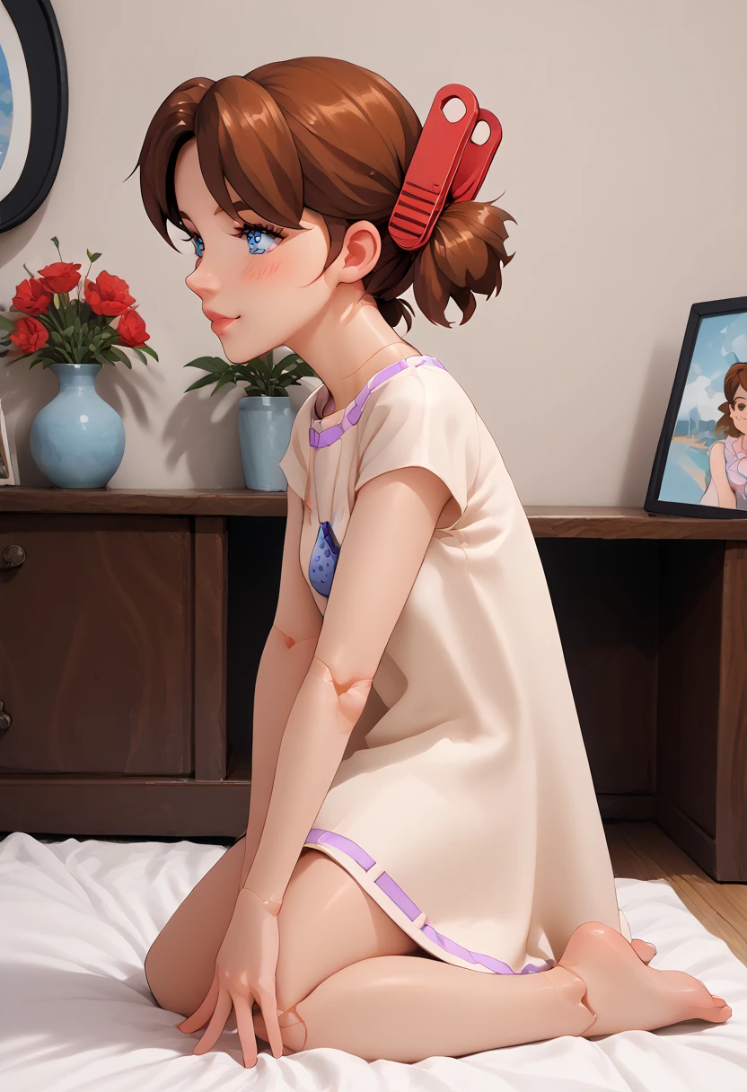 A mechanical mature lady is very short pigtails, brown hair, Hair tie with two red big red clothespins, android, blue eyes, flushed cheeks, anime picture, full body figure. She wares light beige one-piece dress and simple white panty. She feels heavy ecstasy and she laughs. angle from side view. doggy style. side-by-Side.