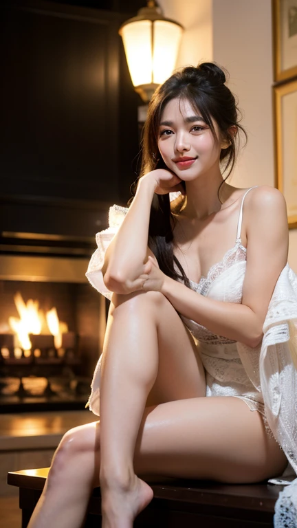 finest image, 8k, RAW photo, realistic, detailed, delicate, flashy and dynamic depiction, very sexy woman, looking up with ecstatic expression, half-opened sexy red lips, sitting, w-sitting, wariza, background warm interior with fireplace