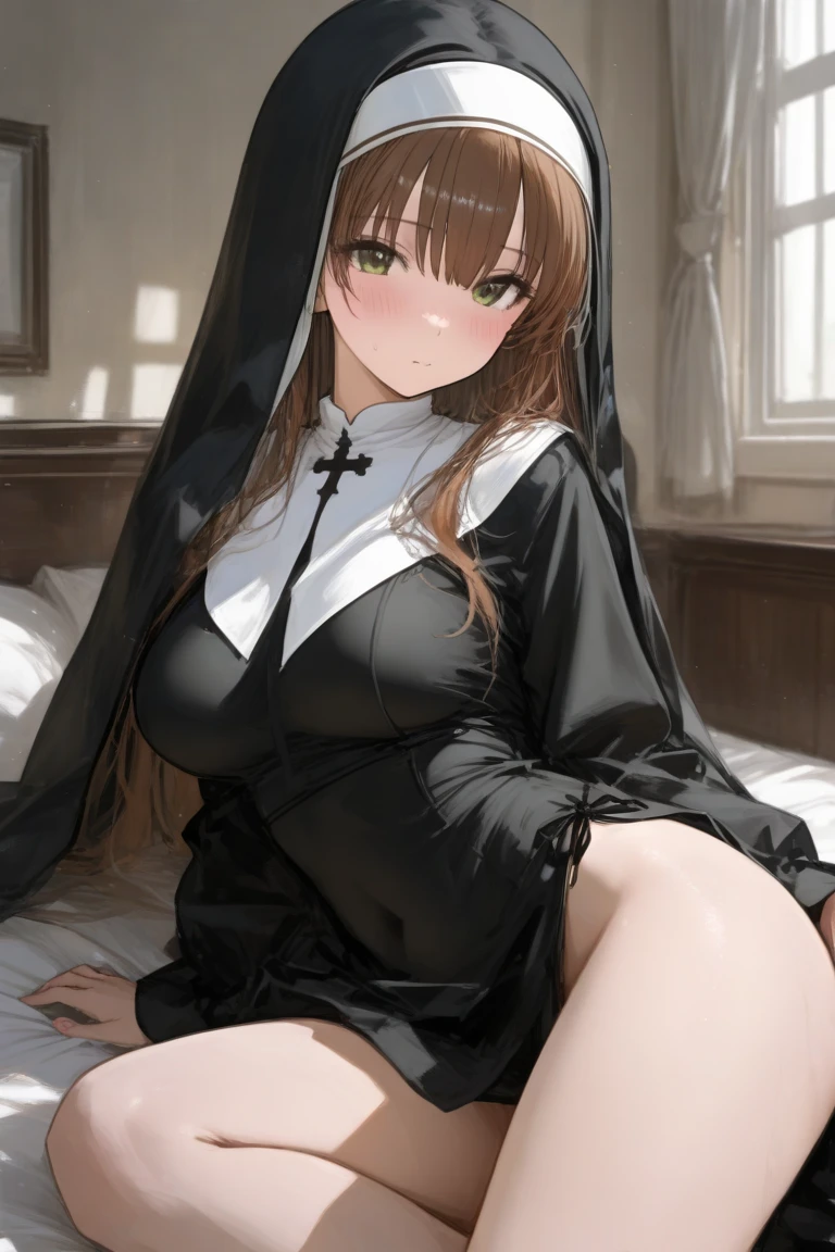 ((highest quality)),((nun)),woman,Two dimensions,brown hair,(lace panties),(bob cut),pov,(((orgasm))),(lace bra),(black skirt),(vaginal,sex),(woman on top),