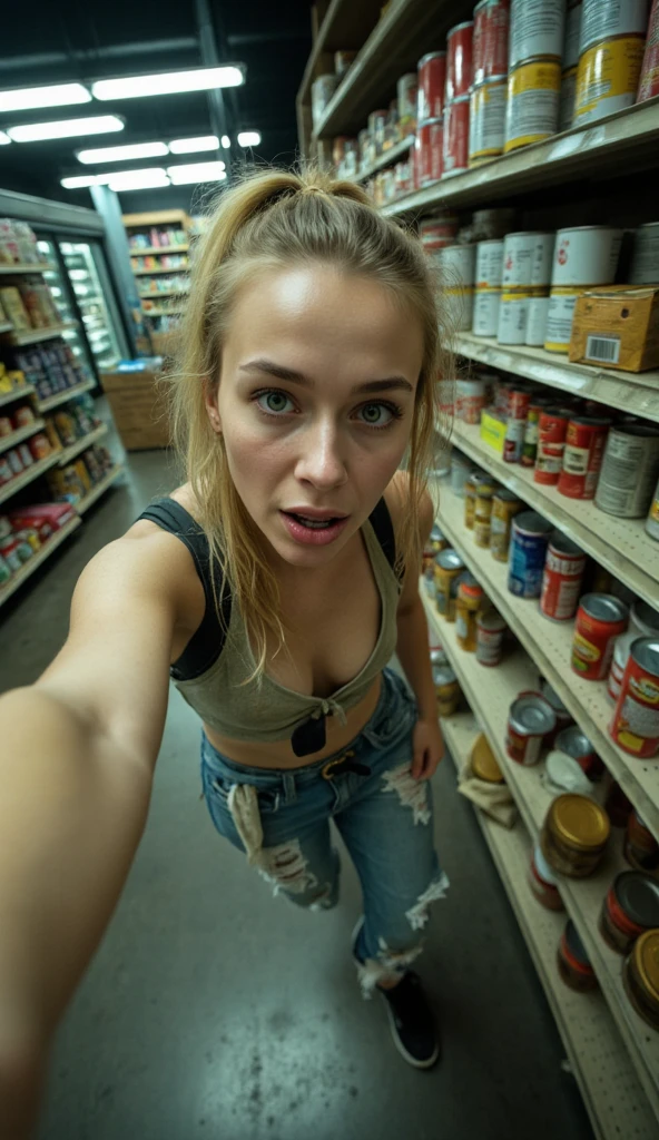 a closeup of a. 30-year-old fashionable blonde, completely naked. In sunglasses. Standing in a supermarket and taking a selfie. Disney Pixar's cartoon style. Happy expression. Lens - 10mm. Blurred background in motion. Light haze.
