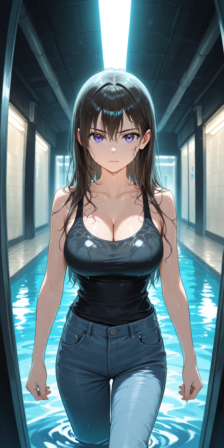 (Obra maestra, La mejor calidad, ultrahigh resolution), 1girl, standing, competitive navy blue one-piece swimsuit, (((light brown, light brown hair:0.7))), long hair cut, pale skin, ((blue eyes)), glowing_eyes, neon eyes, (ultra detailed eyes:0.7, beautiful and detailed face, detailed eyes:0.9), ((centered)), smile, ((wide shot)), facing viewer, eye level, ((indoor swimming pool background)), (medium_breasts), looking at viewer, ((half closed eyes)), ((perfect hands)), (((head:0.9, arms, hips, elbows, in view))), ((hands behind back)), empty eyes, beautiful lighting, outside, outdoors, background, defined subject, 25 years old, (head tilt)