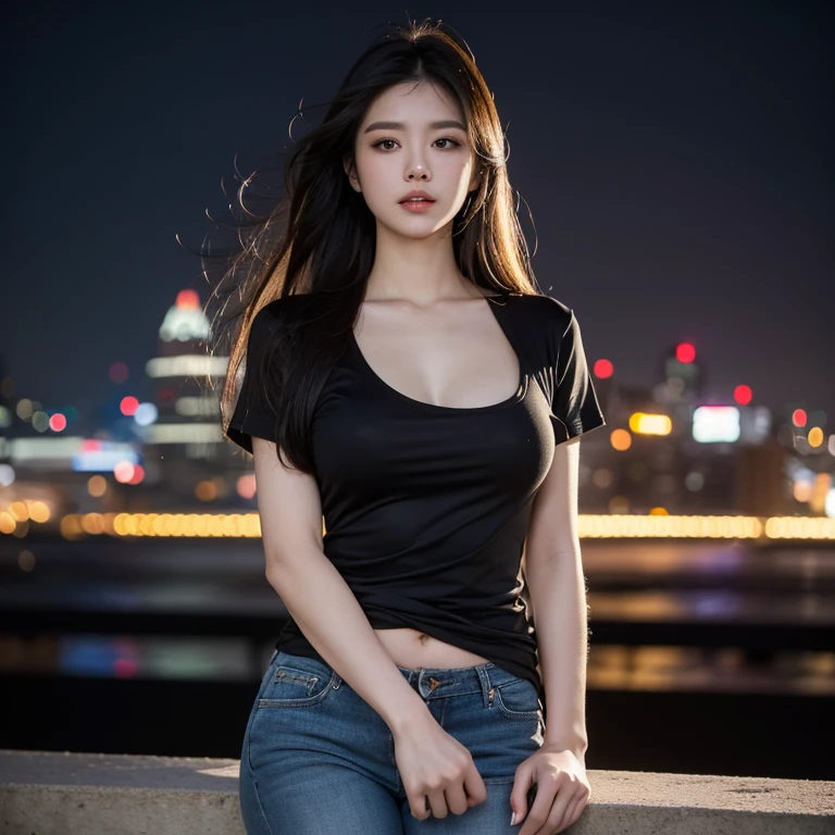 ((midnight, need, 8K, masterpiece:1.3)), whole body, long legs, focus:1.2, Beautiful woman with perfect body:1.4, slim abs:1.1, ((Dark brown hair, big breasts:1.2 )), (shirt, stand:1.2), ((city night view, on the bridge:1.3)), Highly detailed facial and skin textures, delicate eyes, double eyelids(((Put your hands in your pockets)))