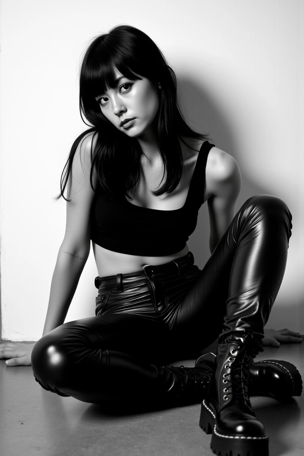 High-contrast B&W photograph of a young woman with long, straight black hair and pale skin, seated on the floor against a plain white wall, legs bent, feet extended towards the camera, wearing tight, glossy black leather pants, cropped black tank top, chunky, rugged boots, neutral facial expression, slight head tilt, direct gaze, soft lighting, subtle shadows, gritty, urban aesthetic, emphasizing stylish yet tough appearance.