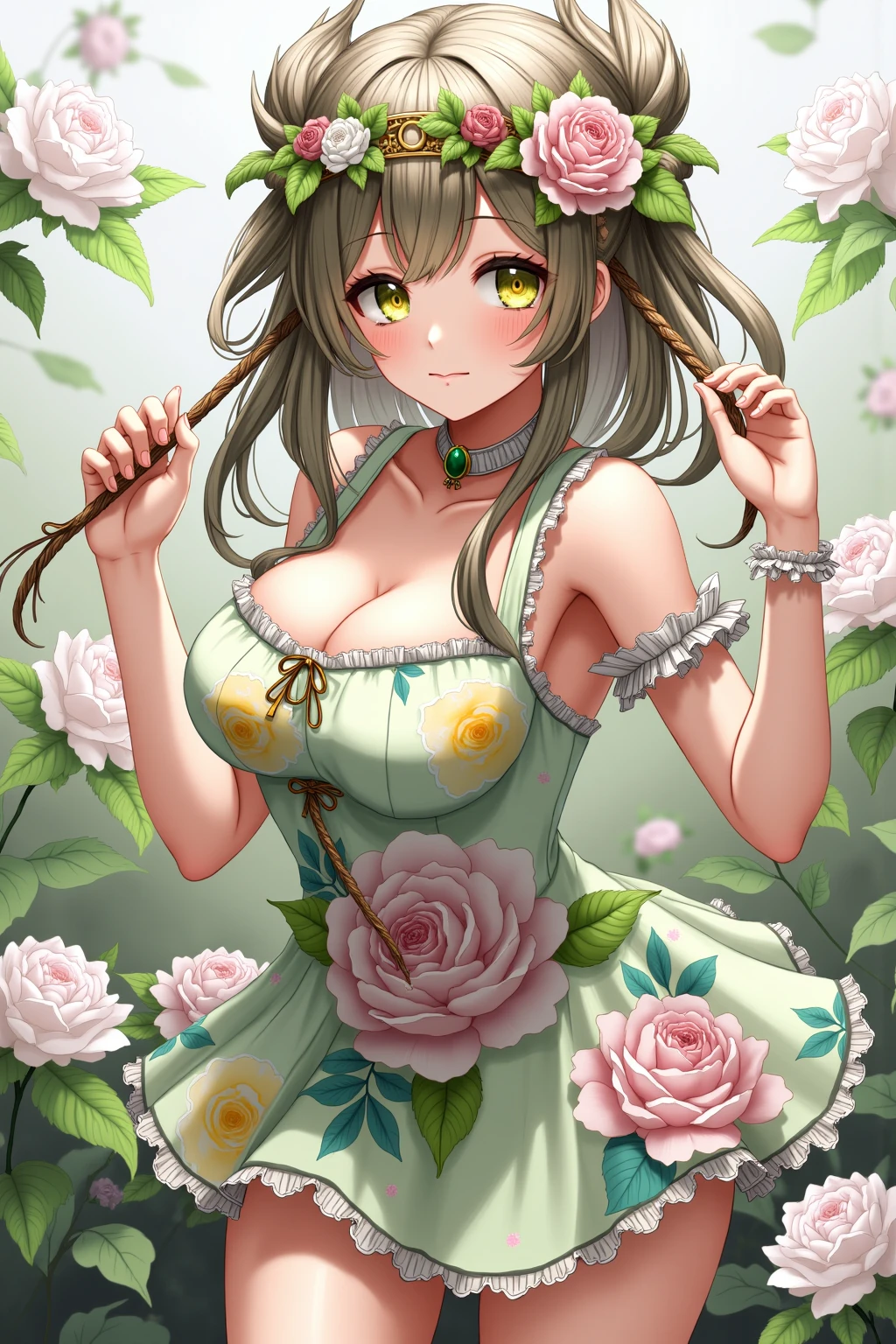 4K,hight resolution,One Woman,alraune,brown haired,huge tit,hime,tiarra,Dress made of grass,Flower Embellishment,Leaf decoration,in woods
