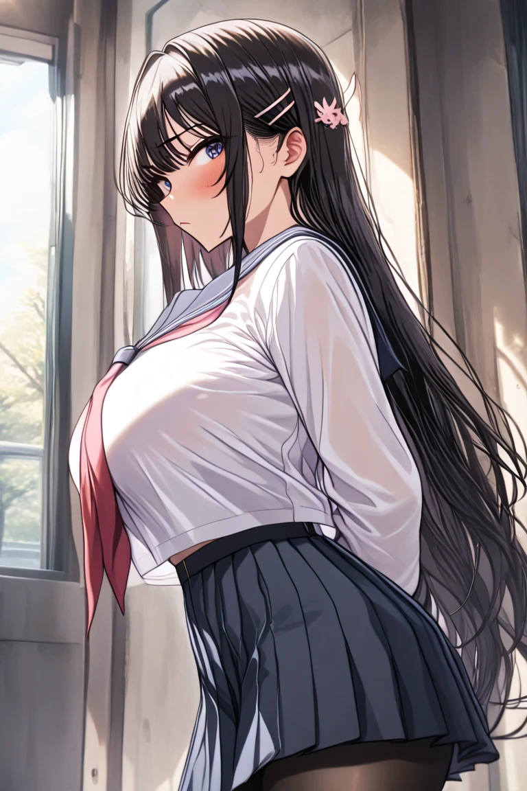 ((best quality)), ((masterpiece)), (detailed), (natural side lighting, movie lighting),
((carry the audience on their backs)), whole body, 1 girl, ((Japanese)), Perfect body, shiny skin, long hair flying,
black hair, ((Slender legs)), slender fingers, big breasts,
((symmetrical clothes, white collar shirt, Black pleated mini skirt,dark stockings)) ,
indoor, Japanese style room, 18+