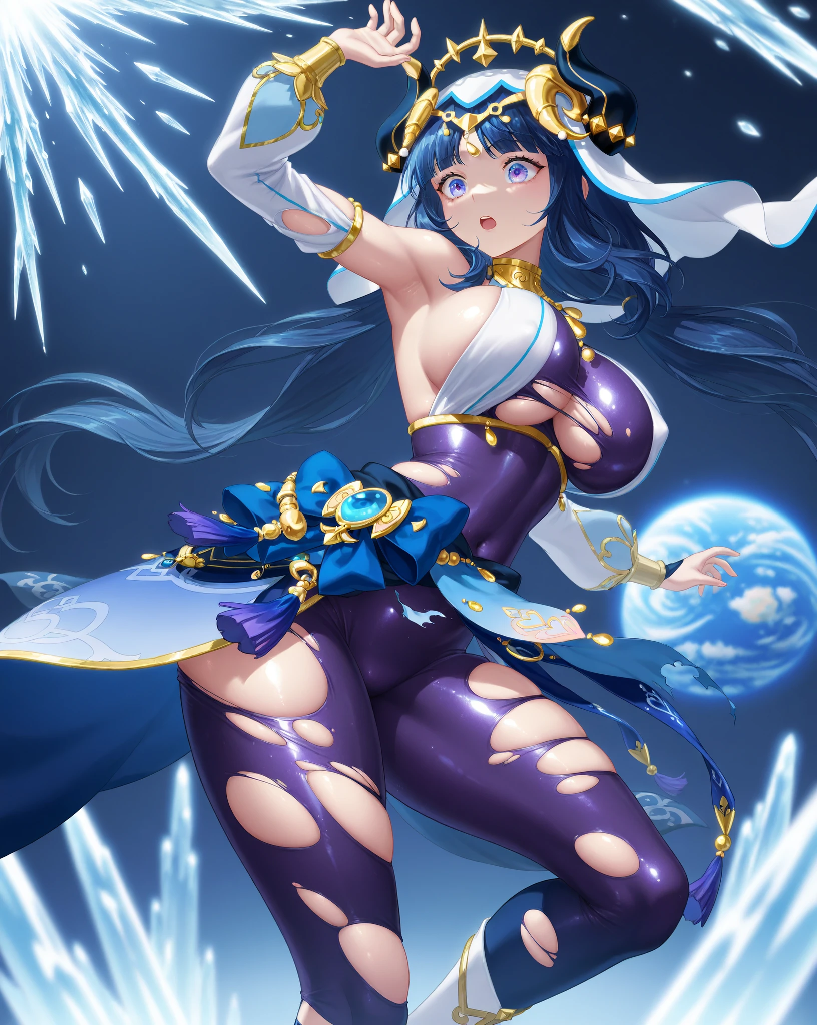 arms up behind,(((show off nipples))),large breasts,((extreme detail)),(ultra-detailed), extremely detailed CG unity 8k wallpaper, best quality, brighid, purple long dress, jeweled collar, closed eyes, closed mouth, upper body, (blue:1.3) fire background,from front