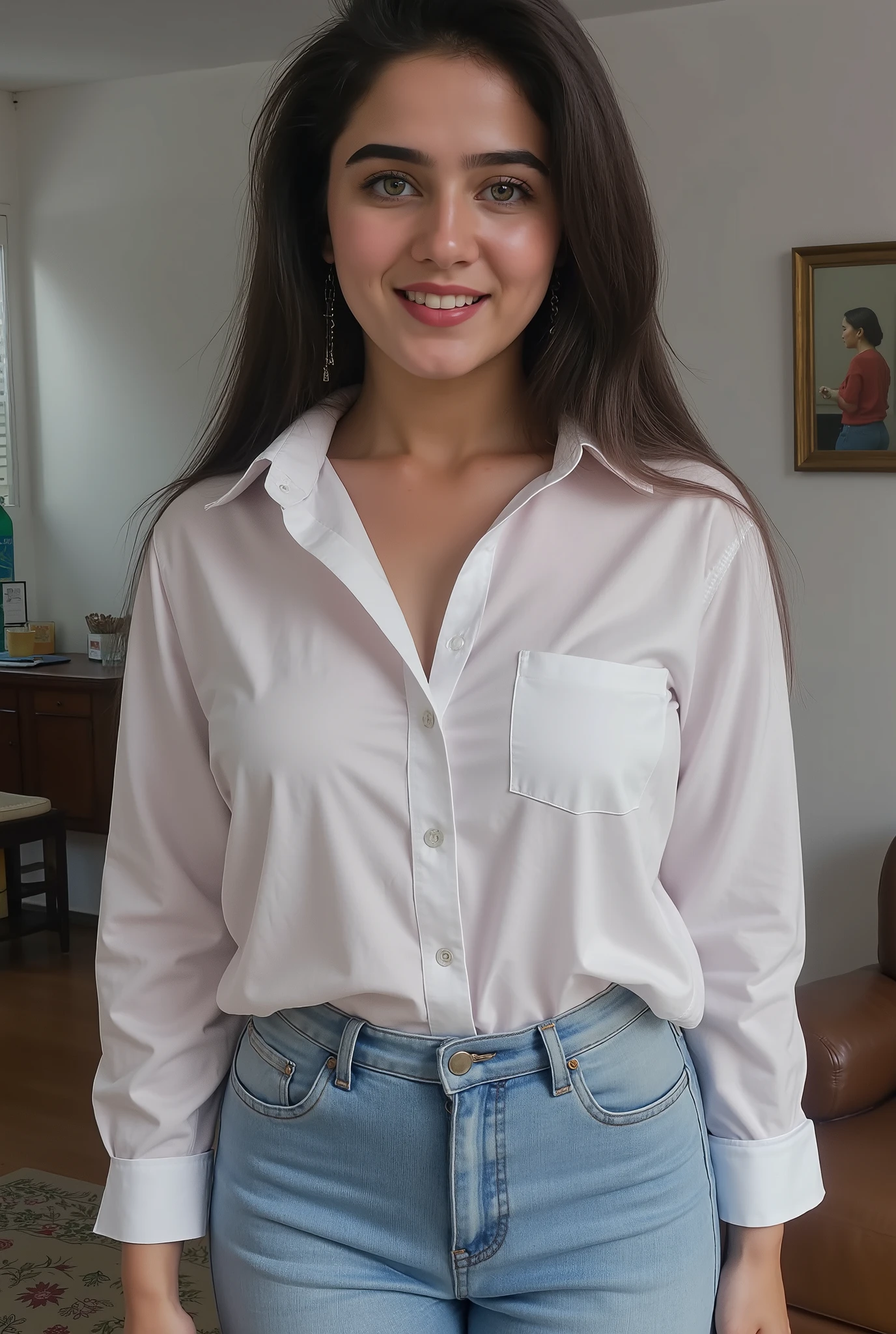 Beautiful 20 year girl, beautiful smile, Light make up, 8k, White Shirt, Denim Jeans, Standing, In Her Living room