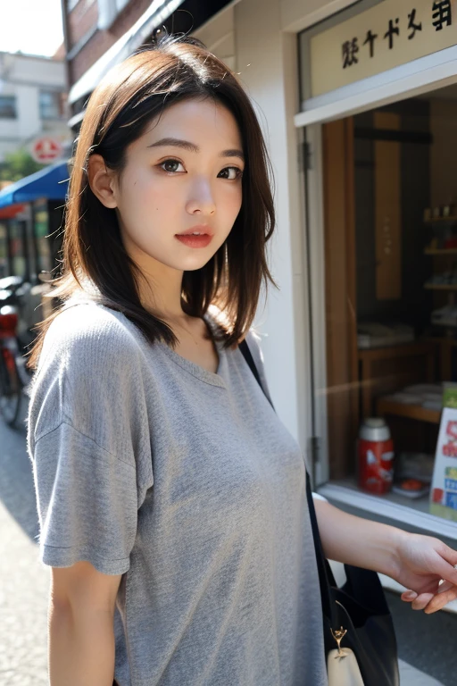 cute 21 year old japanese、clear sky、shopping、city、super detail face、pay attention to details、double eyelid、beautiful thin nose、sharp focus:1.2、Beautiful woman:1.4、(light brown hair,short hair、),pure white skin、highest quality、masterpiece、ultra high resolution、(Photoreal:1.4)、Highly detailed and professional lighting、nice smile、show your whole body、cute fall clothes、