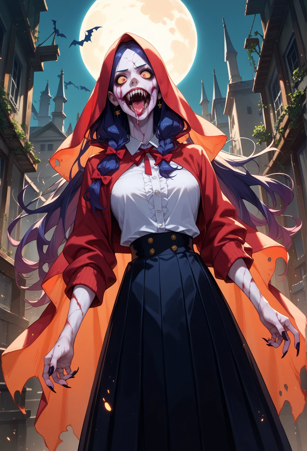 1 girl, (front view), wavy_hair, ponytails, long_sleeves, hair_accessories, (evil face:1.4) night, moonlight, dark graveyard, front-view, from_below, long_dress, black colorful dragon suit, armored, transparent armor, blurry_background, ultra high res,photorealistic:.1.4,uhd, (perfect_fingers:1.0), (perfect_legs:1.0), better_hands, More_Detail, (normal head size), evil smile