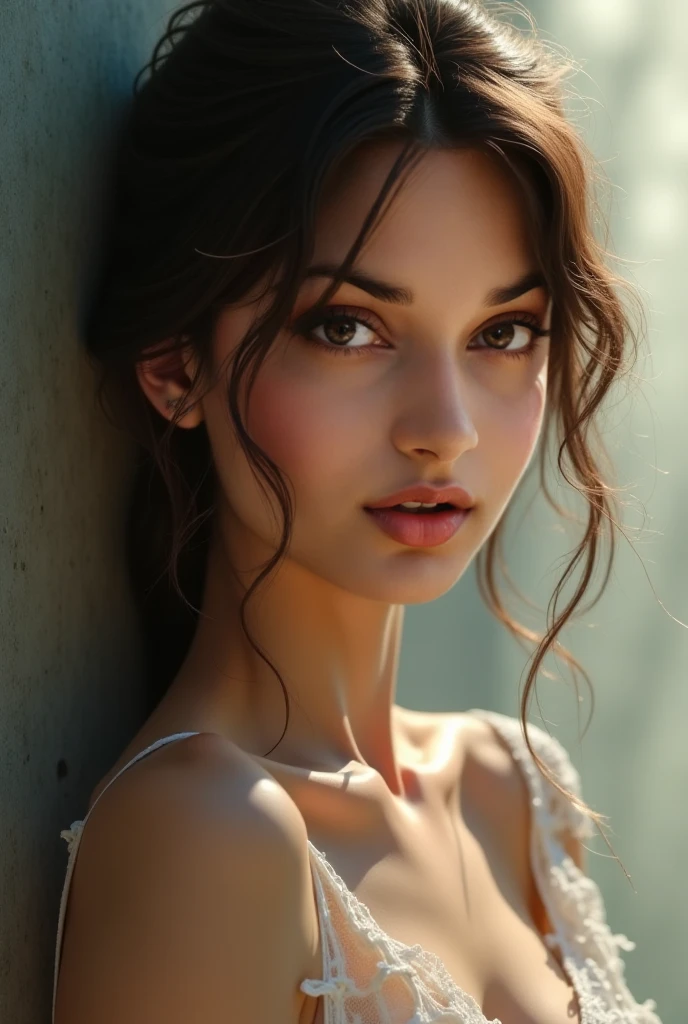 Mexican A beautiful pale-skinned Latina , eyes blue, full body, perfect body, two buns, straight bangs, (best quality,4k,8k,highres,masterpiece:1.2),ultra-detailed,(realistic,photorealistic,photo-realistic:1.37),HDR,UHD,studio lighting,ultra-fine painting,sharp focus,physically-based rendering,extreme detail description,professional,vivid colors,bokeh,portraiture,glamour,sensual,alluring,wear mexi, in style of Retna, full body
