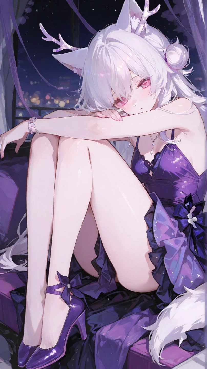 Lilac hair with gradient,asymmetrical hair,((Very voluminous hair 1.8,Hair is clearly defined1.6)), shoulder-length hair, dirty hair, Очень long hair, shiny hair,(long hair:1.2),beautiful girl,Luxurious purple miniskirt,Made of transparent material.,(Transparent clothes transparent 1.8),perfect bodies,High and tall,slimness,(Looks sad,face haggard and pale,Grieving,closing my mouth:1.2) The action takes place against the backdrop of an unusually bright dark starry sky.,(On your stomach,One hand supports your head),(round, Medium large, firm breasts),barefoot,afloat,water surface,(long legs,long legs,long legs,Ideal leg shape),full body photo。