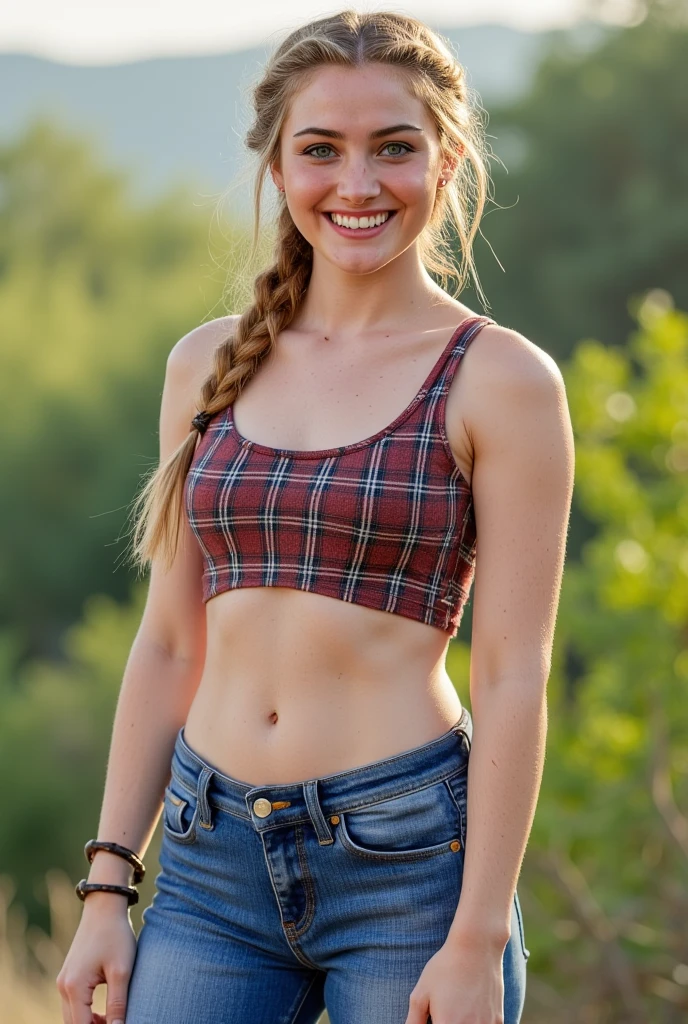 portrait photography of girl, Misty_Pokemon, 18 years old, (yellow crop top:1.1), (red suspenders:1.1), (ginger side ponytail:1.1), solo, sunset, front to viewer, (looking at viewer:1.3), <lora:eyeliner_v1:1>, <lora:photoblend:0.7>, <lora:epiNoiseoffset_v2-pynoise:0.7>, <lora:add_sharpness:0.7>, (grainy:1.2), <lora:Misty_Pokemon:0.5>