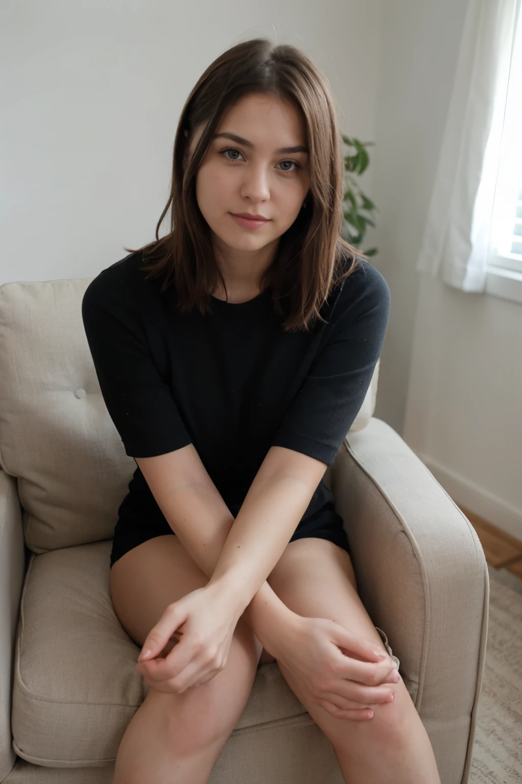 full naked, small stature, medium breast, short height, full body shot, slightly chubby body shape, sitting on a chair, face looking to camera, pubic hair is dark, turkish woman, showing all body, 30 years old, white skin, natural skin textured, night scene, full nude, (cinematic:1.3), intricate details, (ArtStation:1.2), naked, nude, full body photos, beautifull trimmed hair