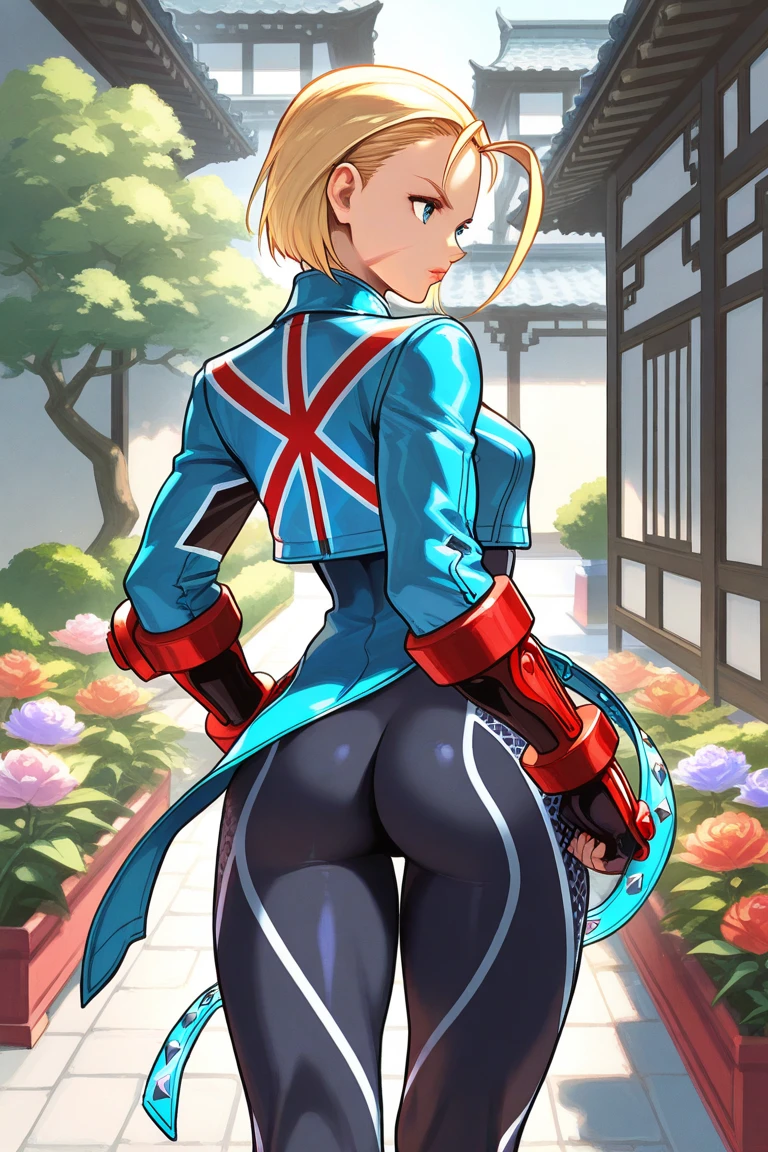 girl , small girl , short blonde hair , blue eyes, angry face , scar , body , red militar beret , green leotard , flat chest , gloves ,long boots .standing. back ass