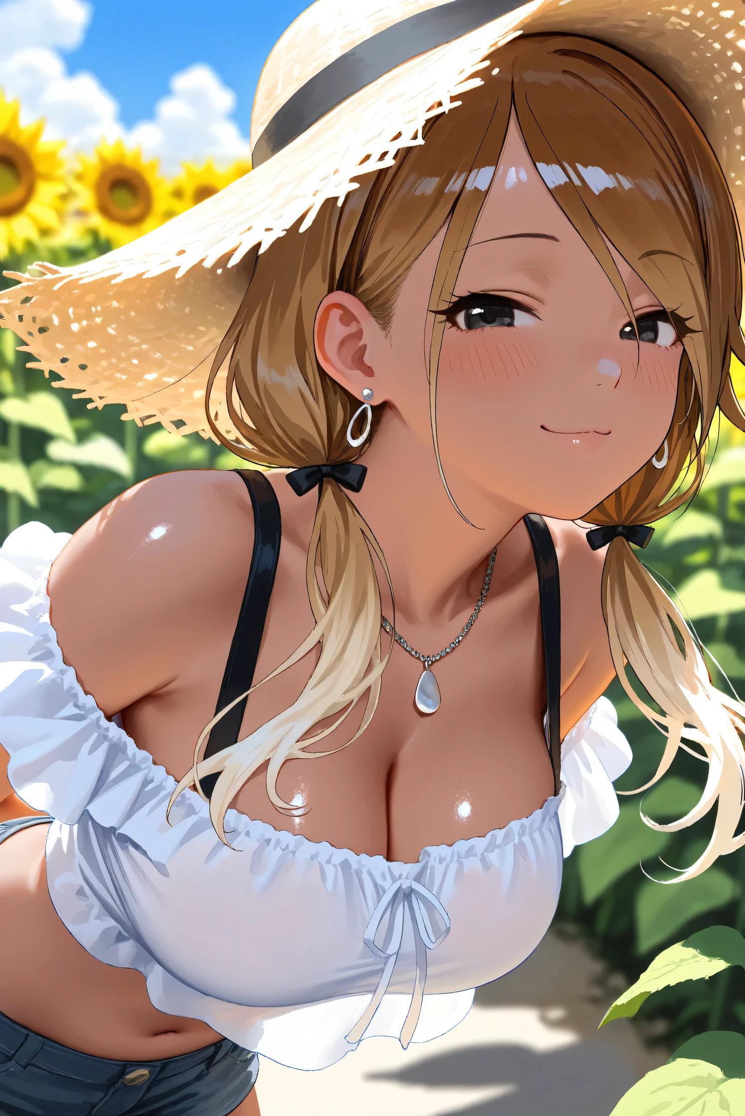 (topless), nsfw, masterpiece, 1 girl, erect nipples, nipples, navel, necklace, skirt, smiling, hair ornament, bare breasts, bare stomach, sweaty, cowboy shot, small breasts, puffy nipples, hair ribbon, texts, bare arms, collarbones, blonde, flower crown, smiling, petite, flat chest, blue eyes, scottish skirt, small breasts, child, apple basket, farm, alpine, temperate