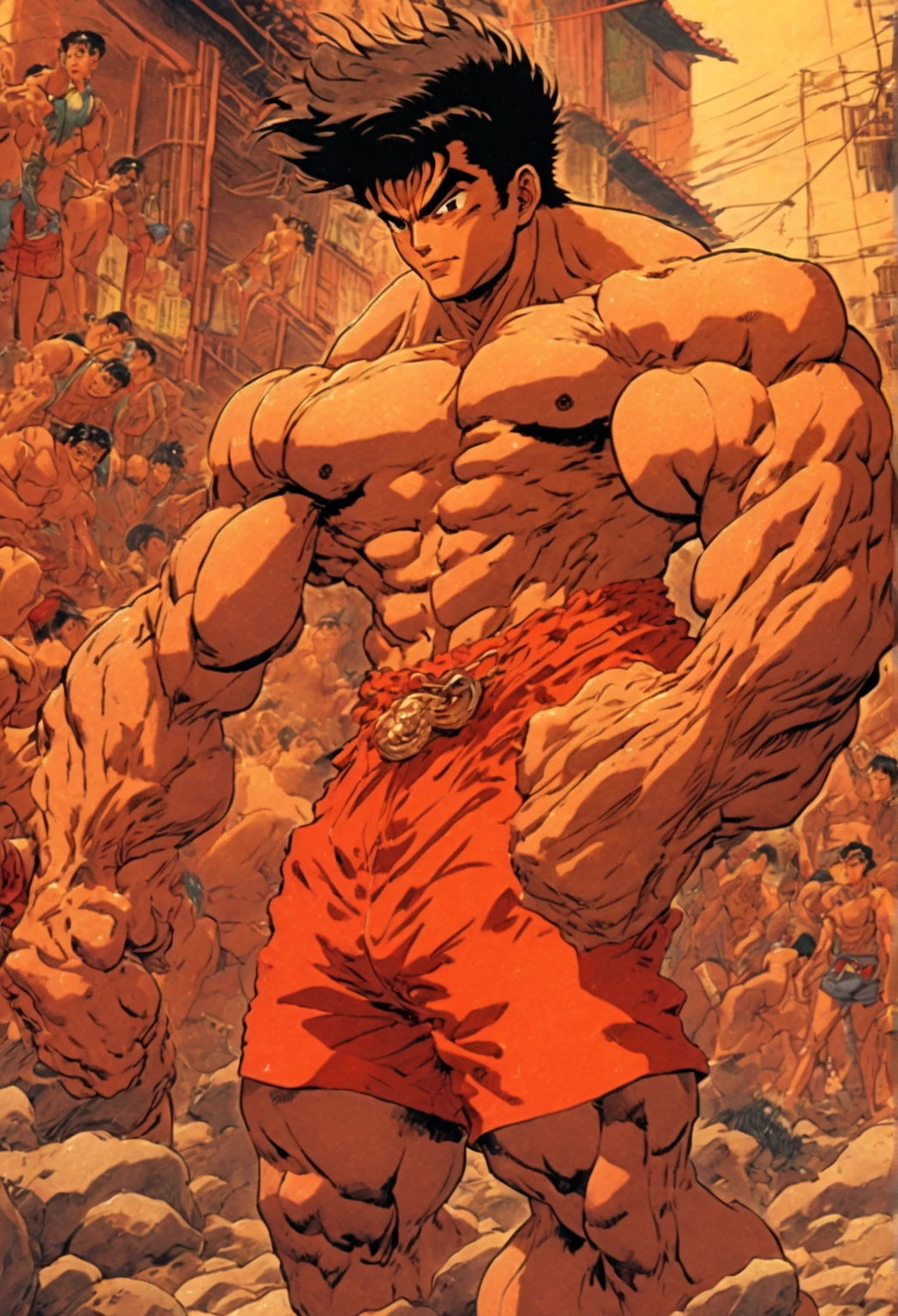 8K, tmasterpiece, high-definition picture quality, intricately details, (((A mature male))), Solo, aged 40, Asia face, largeeyes, brunette color hair, Cut only round inches of slag,Slag,musculous,vast pecs, Wheat complexion, blushing cheek, Broad shoulders, ((Bare topless)), ((Huge crotch bulge)), (((Thigh-to-toe unobstructed))), ((Green boxer panties)), (Full body like), in a panoramic view, legs separated, Stand up, Towel on the shoulder, (Turn your face to the side), Eyes look into the distance, 60s propaganda poster style, Flattening, Thick lines outline the outline, Lots of white space, Rich background, Heroic perspective, The hero's standing posture