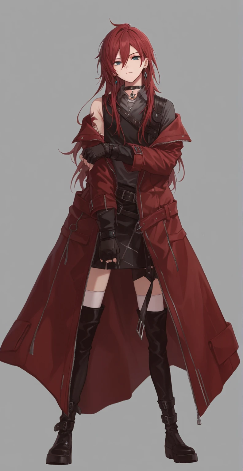 anime character on a computer screen in a red coat and black pants, Cabo vermelho rasgado longo, Epic anime style, Tohsaka also., personagem de anime; arte de corpo inteiro, estilo anime como destino/noite de estadia, estilo de arte guilty gear, Xianxia de corpo inteiro, arte detalhada do personagem de anime, Artgerm extremamente detalhado, badass anime 8 k