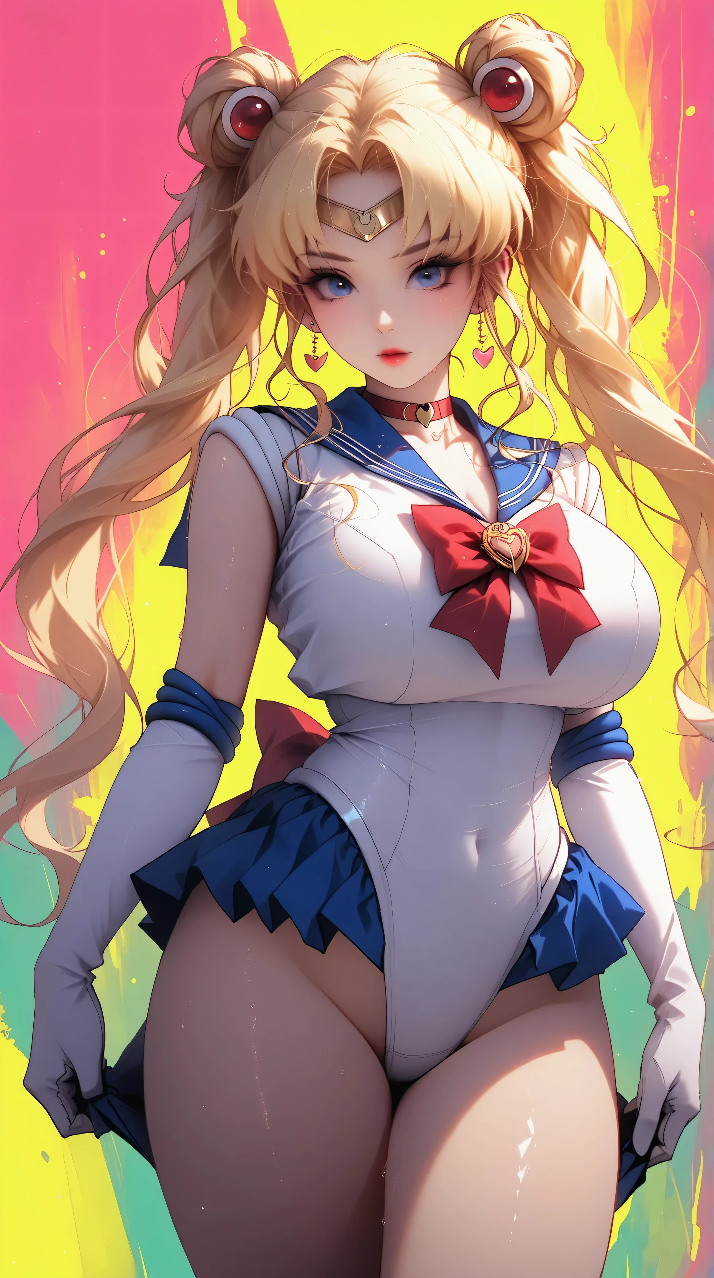 masterpiece, high definition, best quality, rendered art, well formed hands, fingers and body, 1 woman, solo, Tamamo No Mae, 31 years old, fox ears and fox tail, adult, grown up, wearing Sailor Moon's outfit, big breasted, cleavage, full body, sexy sailor senshi uniform, short blue skirt, red boots, gorgeous hips, legs and thighs, blond, white elbow gloves, sailor collar, tiara, earrings, dancing seductively and erotically, shaking her body, showing her back and front, wind lifting skirt, smiling joyfully and brightly, looking at the viewer, flirting, beach environment
