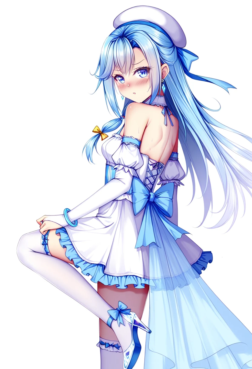 dakimakura style,hyper cutest shota,
light blue hair,loose long hair,rabbit shotas,(Reliable light blue suspenders for hanging frilly miniskirts),(bare navel and stomach),School festival, bunny ear waitress,full body,eros,
