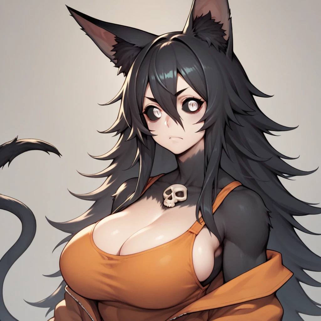 an anime character dressed as a cat sitting on a cat tree with cat ears, 1girl, animal ears, solo, tail, cat ears, smile, breasts, shorts, cat tail, jacket, simple background, white background, long hair, red eyes, looking at viewer, black jacket, cleavage, grin, braid, black hair