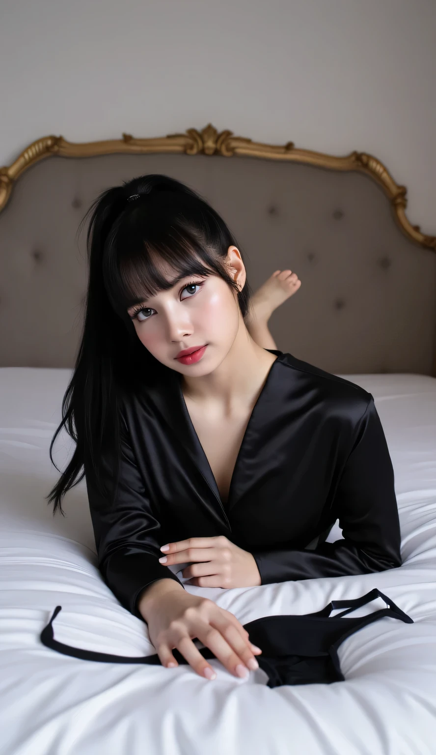 a woman, sleeping on your stomach on the mattress, body facing the camera , eyes looking at camera , wearing a black satin material sleeping shirt, underwearless, show cleavage, big hanging, thick red lips, seductive face, slim waist, black ponytail hair, bra and underwear strewn on the mattress