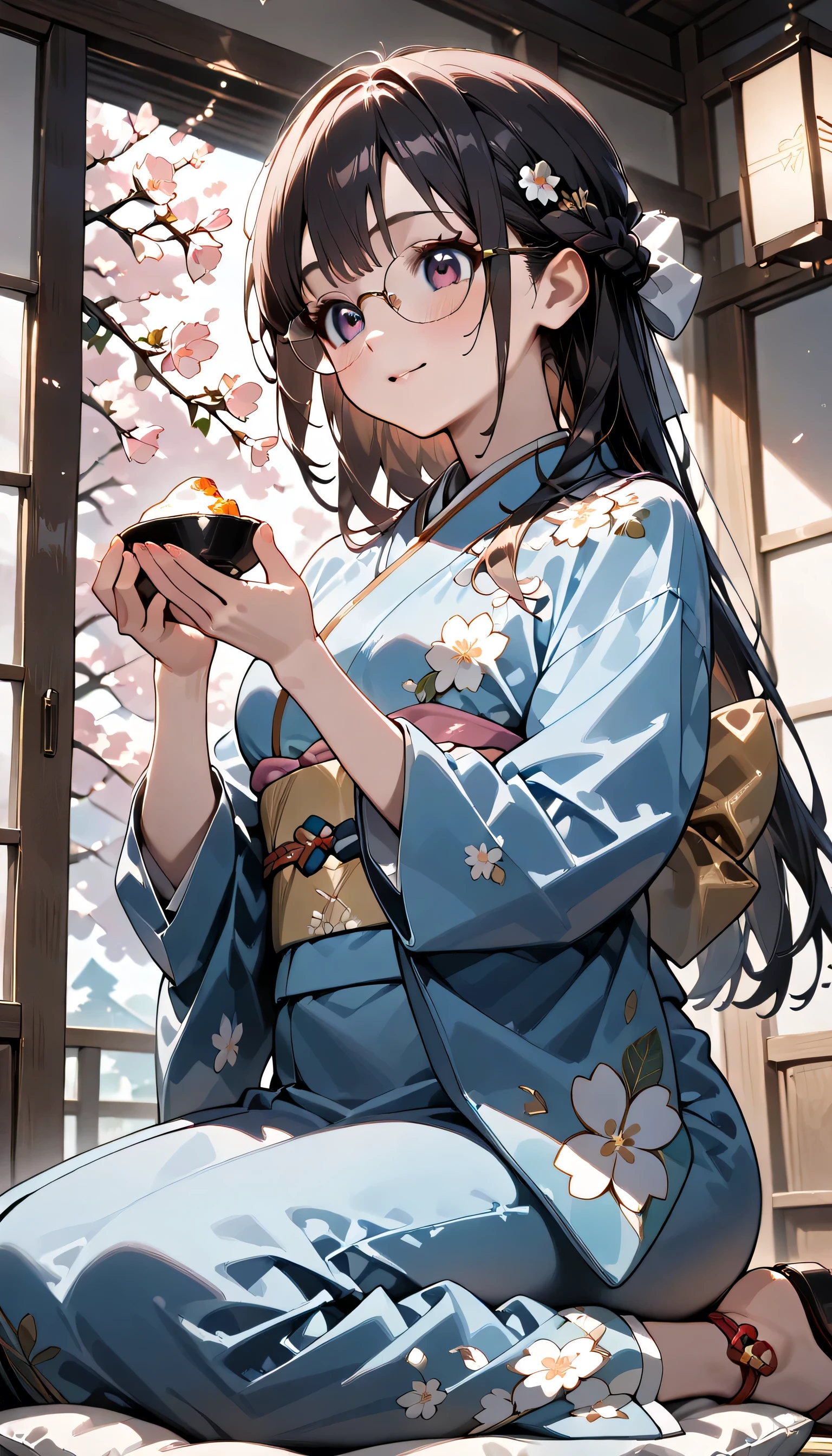 ((ultra-detailed)), (highly detailed CG illustration), (best quality:1.2), ultra-highly detailed, colorful composition, artistic photoshoot, 1girl, solo focus, ((upper body:1.4)), Japanese moe anime character, girl, dainty facial structure, (baby face), (round face), ((rounded chin:1.2)), ((ideal ratio body proportions)), thick eyebrows, half updo, Sagging eyes, long hair, ((black hair:1.3)), ((brown eyes:1.3)), ((wearing glasses:1.3)), ((round eyewear:1.3)), ((smile:1.3)), ((happy:1.3)), ((joyful:1.3)), ((blush:1.3)), ((eating mochi:1.3)), ((mochi are threaded)), ((Soft mochi)), ((delicious:1.3)), ((pink ankle-length long furisode costume with gorgeous floral pattern:1.3)), ((red obi with golden decorations)), ((red Japanese ornate hairpin with golden decoration)), ample breasts, ((wariza)), ((seiza)), ((Sitting with a cushion on top of the tatami)), ((Japanese-style room with a view of the garden)), beautiful detailed sky, cherry blossom petals, cherry trees, row of cherry trees, breeze, petals dancing, low angle, expecting, pink cheek, blush, light pink gloss slip, portrait, depth of field, soft lighting, sidelighting, (shine), lighting, caustics, ray tracing, smile, perfect face, lustrous skin, highly detailed face, highly detailed eyes, perfect face, perfect nose, perfect hair, perfect eyes, perfect anatomy, beautiful hair, beautiful small face, extremely detailed face, beautiful detailed eyes, beautiful clavicle, beautiful body, beautiful fingers, 4 fingers, 1 thumb, lovely, (very detailed background:1.0), (highly detailed background:1.0), spring aesthetic, intricate details, solemn serene and respectful atmosphere, spring colors palette, chromatic aberration