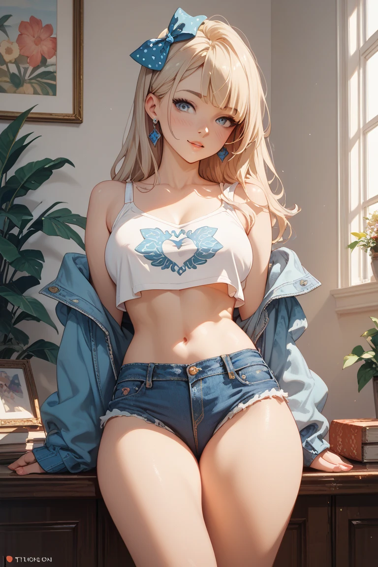 Hermosa chica rubia muy sexy con tetas muy pero que muy grandes, enormes y solo con una camisa blanca abierta y con un tanga tiro de vaquero. Vista trasera