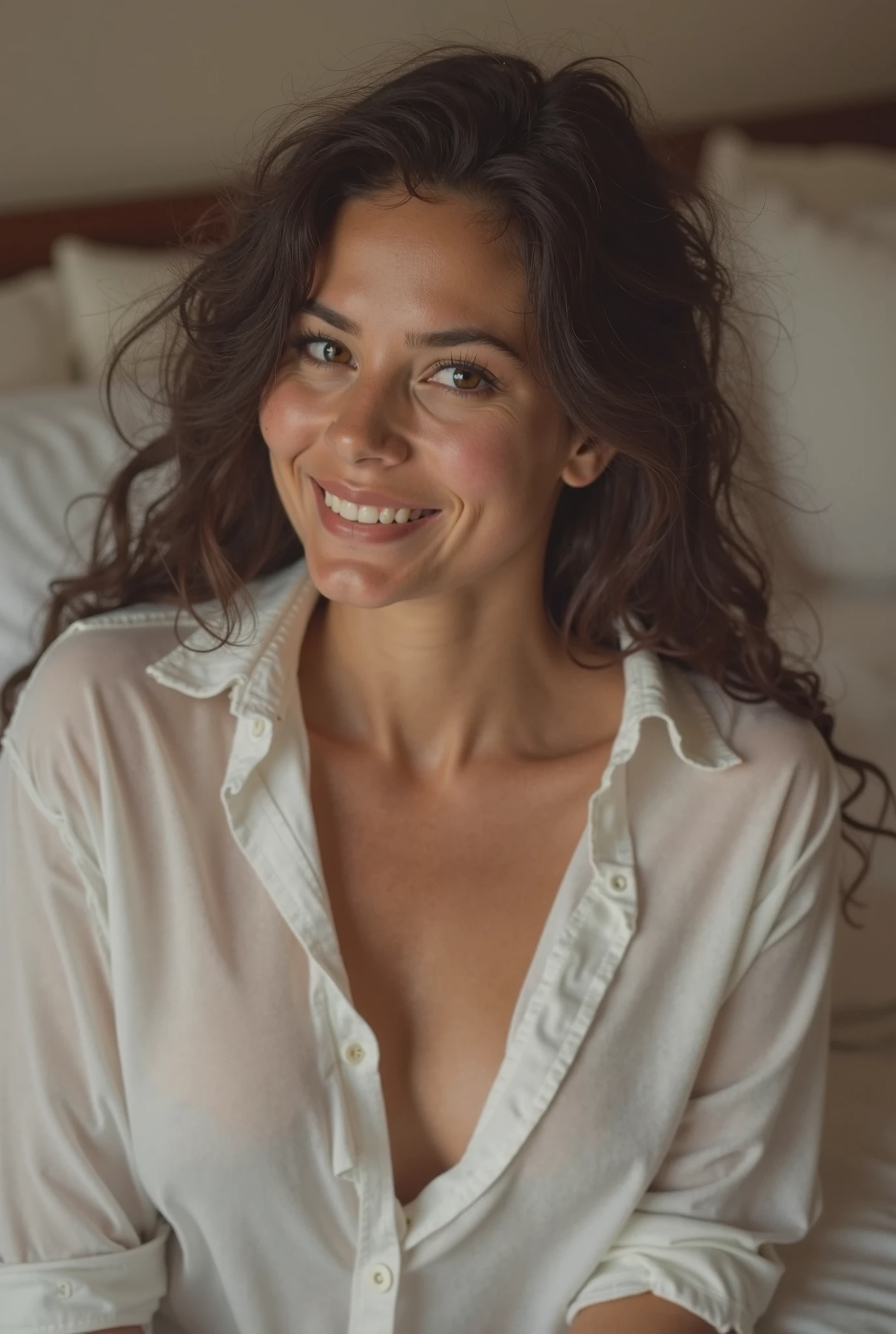 fot, Beautiful young woman, taken from a distance, that shows the whole body that everything appears, in the bedroom, white blouse and denim mini skirt, sexly, white color, long brown hair, a softened wry smile - contained excited happiness, soft lighting on the face, realistic skin-hair textures, sky blue eyes-mist, beautiful real textures and delicate aesthetics, seeing yourself in full body, remarkable tribute to the natural feminine beauty of the body, noise, 8 k quality, FOTO RAW, by professional photographer, rule of thirds, Extremely Detailed
