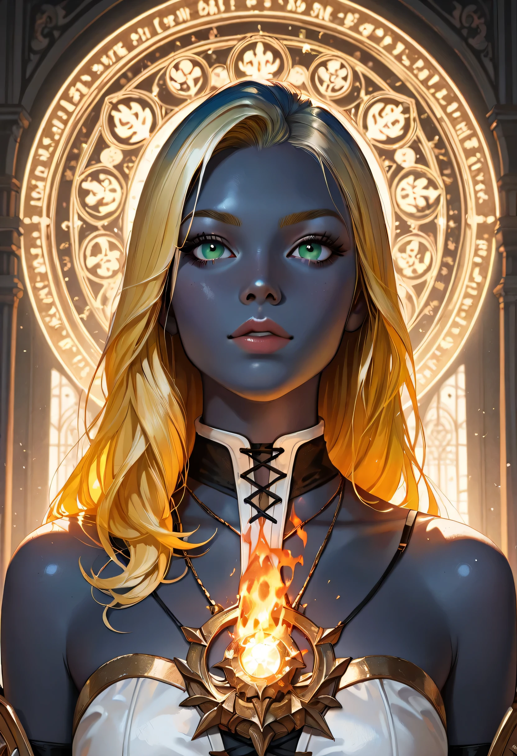 portrait of a female cleric ((dark blue skin: 1.5)), intense details facial details, exquisite beauty, cleric, (dark blue skin: 1.5)) female, ((yellow hair: 1.5)), long hair, (((no ears: 1.5))), (green eyes: 1.3), armed with a fiery sword red fire, wearing (twilight priestly combat vestments: 1.5), wearing white armor, wearing high heeled laced boots, wearing white armor, wearing an (orange cloak:1.3), wearing glowing holy symbol, fantasy art, dnd art, RPG art, wide shot, (masterpiece: 1.4) intense details, highly detailed, photorealistic, best quality, highres, within fantasy temple background, reflection light, high details, best quality, 16k, [ultra detailed], masterpiece, best quality, (extremely detailed), close up, ultra wide shot, photorealistic, RAW, fantasy art, dnd art, fantasy art, realistic art,((best quality)), ((masterpiece)), (detailed), perfect face, strapless, lace up stiletto, lace up stilettos, fantasy, Cinematic Shot, dvr-hgh-fnt, d4f4b